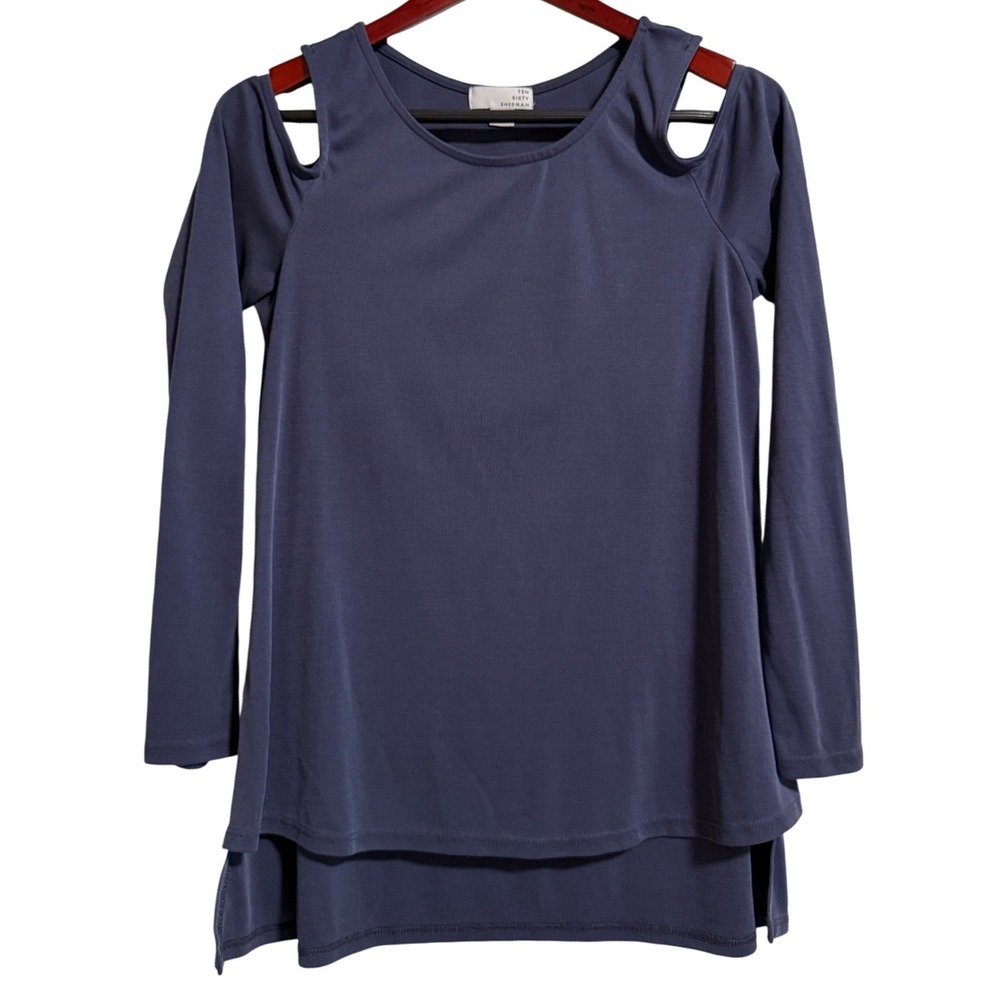 Ten Sixty Sherman Womens Navy Blue Cold Shoulder Ribbed High Low Top Large